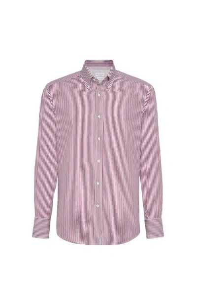 Brunello Cucinelli Striped Cotton Long Sleeve Shirt In Purple