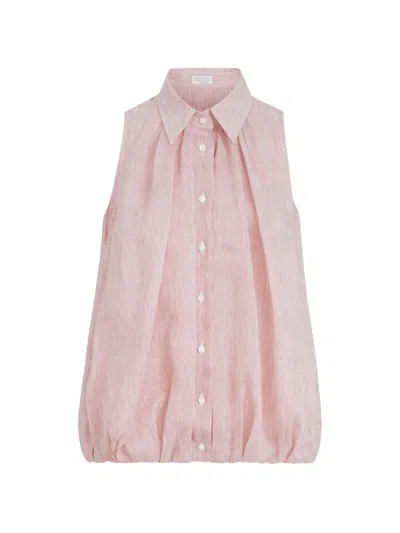 Brunello Cucinelli Striped-print Buttoned Sleeveless Shirt In Pink