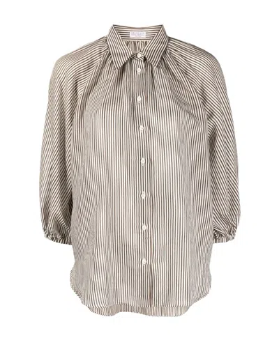 Brunello Cucinelli Striped Puff-sleeve Blouse In Multicolor