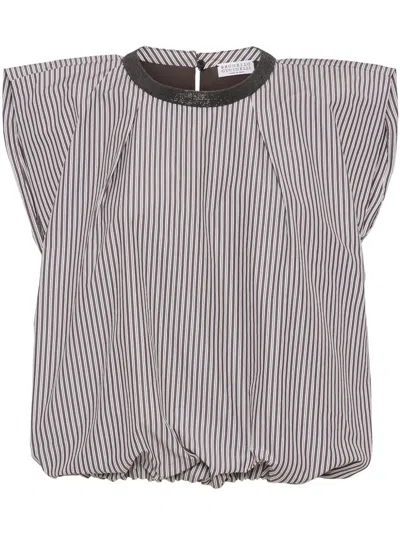 Brunello Cucinelli Striped Puffball Top In Brown/white