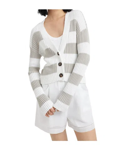 Brunello Cucinelli Striped Ribbed Cardigan In White