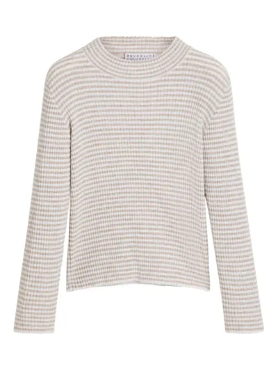 Brunello Cucinelli Kids' Striped Ribbed Sweater In Neutral