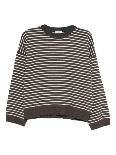 Brunello Cucinelli Striped Cashmere Wool Crew Neck Sweater In Black