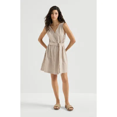 Brunello Cucinelli Techno-cotton Striped Seersucker Belted Mini Dress With Monili In Neutral