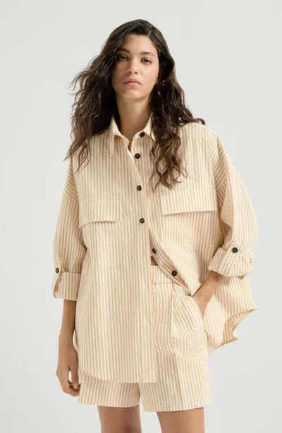 Brunello Cucinelli Techno-cotton Striped Seersucker Shirt With Monili In Neutral