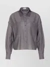 Brunello Cucinelli Striped Sequin Collar Long Sleeve Top In Gray