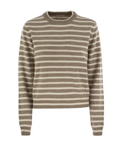 Brunello Cucinelli Striped Sequin-embellished Crewneck Jumper In Brown