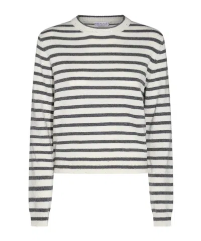 Brunello Cucinelli Cashmere Blend Striped Sweater With Paillette Detail In Beige
