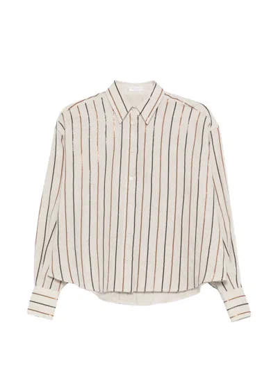 Brunello Cucinelli Linen Shirt Long Sleeves Striped Pointed Collar In Multi