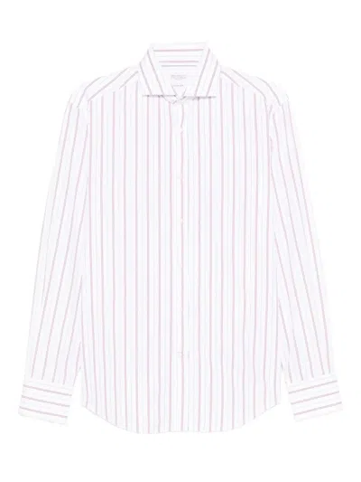 Brunello Cucinelli Stripe Linen Easy Fit Shirt With Spread Collar In White
