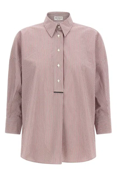 Brunello Cucinelli Long Sleeve Collared Striped Cuffed Shirt In Pink