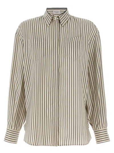 Brunello Cucinelli Beige Striped Shirt In Silk Woman In Multicolor