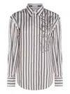 Brunello Cucinelli White Shirt With Floral Embroidery On The Front And All-over Striped Motif In White