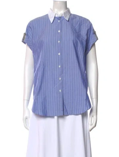 Pre-owned Brunello Cucinelli Striped Short Sleeve Button-up Top In Blue