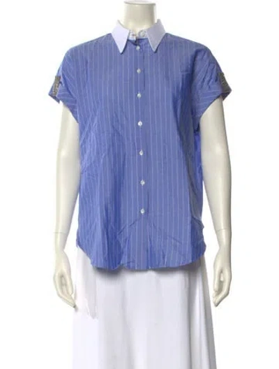 Pre-owned Brunello Cucinelli Striped Short Sleeve Button-up Top W/ Tags In Blue