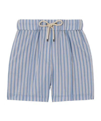 Brunello Cucinelli Pleated Striped Cotton And Silk-blend Shorts In Blue