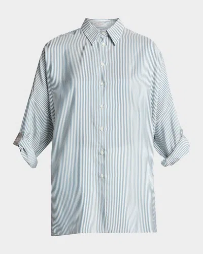 Brunello Cucinelli Striped Silk Boyfriend Shirt W/ Monili Trim In Blue