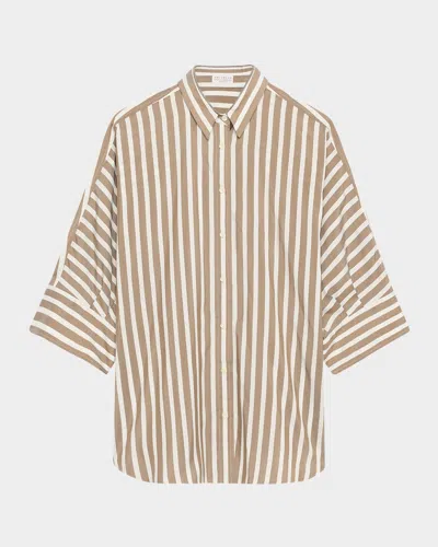 Brunello Cucinelli Striped Silk Button-down Blouse In White And Brown