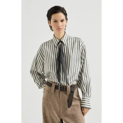 Brunello Cucinelli Striped Silk Poplin Shirt With Virgin Wool Foulard In Green
