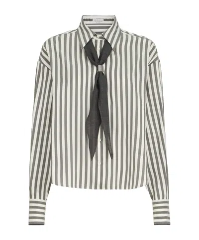 Brunello Cucinelli Striped Silk Poplin Shirt With Virgin Wool Foulard In Animal Print