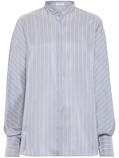 Brunello Cucinelli Striped Silk Shirt In Blue