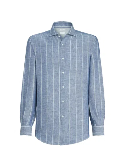 Brunello Cucinelli Striped Spread-collar Shirt In Blue