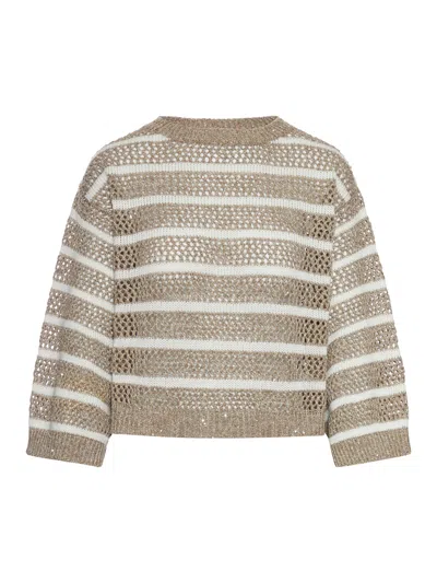 Brunello Cucinelli Striped Sweater In Brown