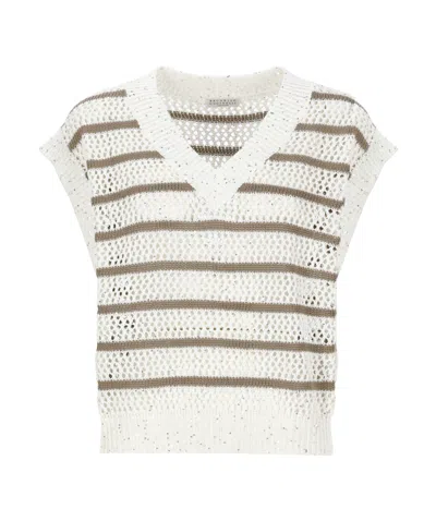 Brunello Cucinelli Striped Sweater In White