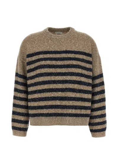 Brunello Cucinelli Striped Sequin Knit Crew Neck Sweater In Brown