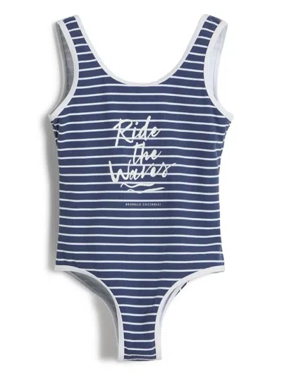 Brunello Cucinelli Kids' Striped Swimsuit In Blue