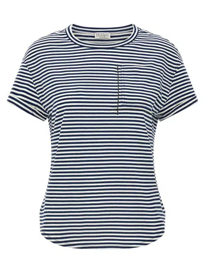 Brunello Cucinelli Bead-embellished Striped Cotton-jersey T-shirt In Blue