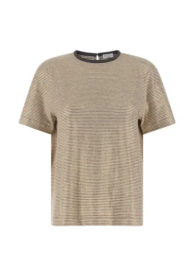 Brunello Cucinelli Collar Detail Striped Short Sleeve T Shirt In Neutral