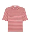 Brunello Cucinelli Red Crewneck T-shirt With All-over Striped Motif And Jewel Detail On The Front In In Pink