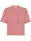 Brunello Cucinelli Red Crewneck T-shirt With All-over Striped Motif And Jewel Detail On The Front In In Red
