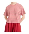 Brunello Cucinelli Red Crewneck T-shirt With All-over Striped Motif And Jewel Detail On The Front In In Red