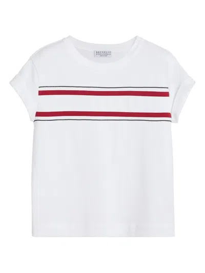 Brunello Cucinelli Kids' Gestreiftes T-shirt In Weiss