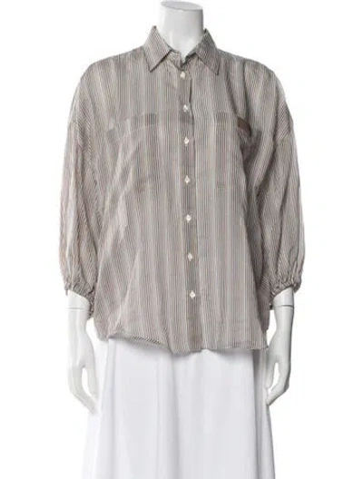 Pre-owned Brunello Cucinelli Striped Three-quarter Sleeve Button-up Top In Neutral