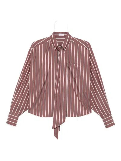 Brunello Cucinelli Striped Tie-neck Top In Red