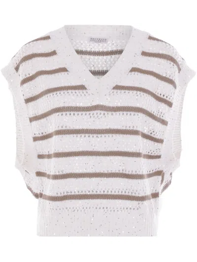 Brunello Cucinelli Striped Top In White+nutshell