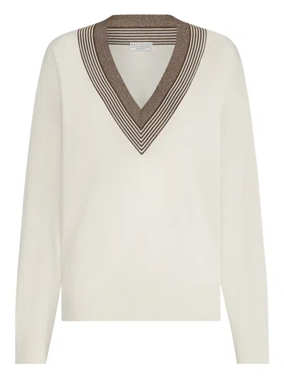 Brunello Cucinelli Striped V-neck Sweater In Neutral