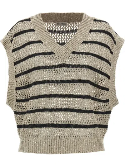 Brunello Cucinelli Striped Vest In Brown