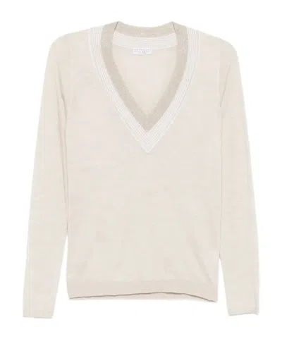 Brunello Cucinelli Striped V-neck Knitted Sweater In Metallic
