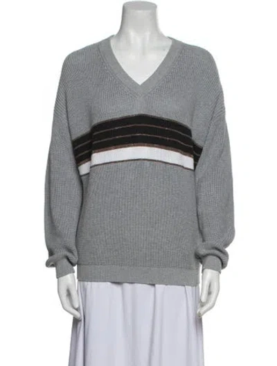 Pre-owned Brunello Cucinelli Striped V-neck Sweater In Gray