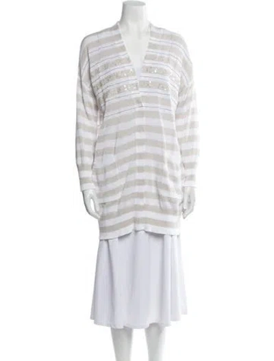 Pre-owned Brunello Cucinelli Striped V-neck Sweater In White