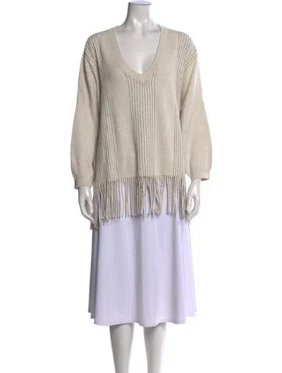 Pre-owned Brunello Cucinelli Striped V-neck Sweater In White