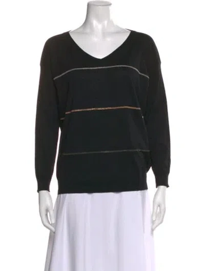 Pre-owned Brunello Cucinelli Striped V-neck Top In Black