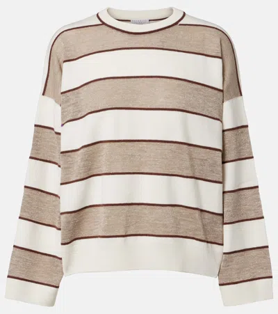 Brunello Cucinelli Striped Wool, Cashmere, And Silk Sweater In Brown