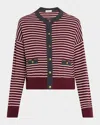 Brunello Cucinelli Striped Wool-cashmere Crewneck Cardigan In Burgundy