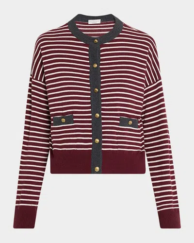 BRUNELLO CUCINELLI STRIPED WOOL-CASHMERE CREWNECK CARDIGAN