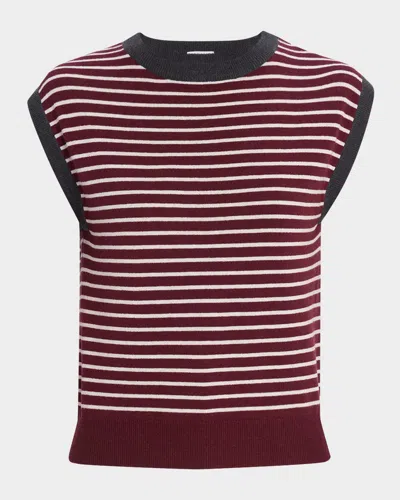 Brunello Cucinelli Striped Wool-cashmere Knit Sleeveless Sweater In Burgundy